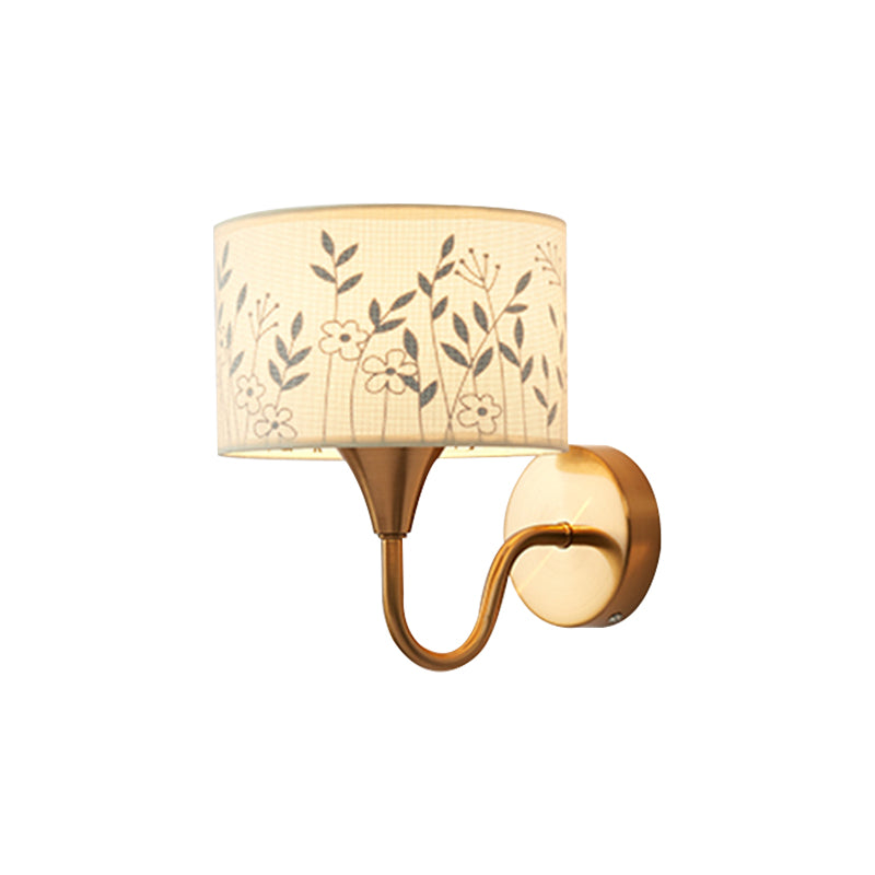 Skørter | Fabric Drum Wall Mount Lighting Classic 1 Light Bedroom Deer/Leaf Pattern Wall Lamp made of Brass with Swan Neck Arm