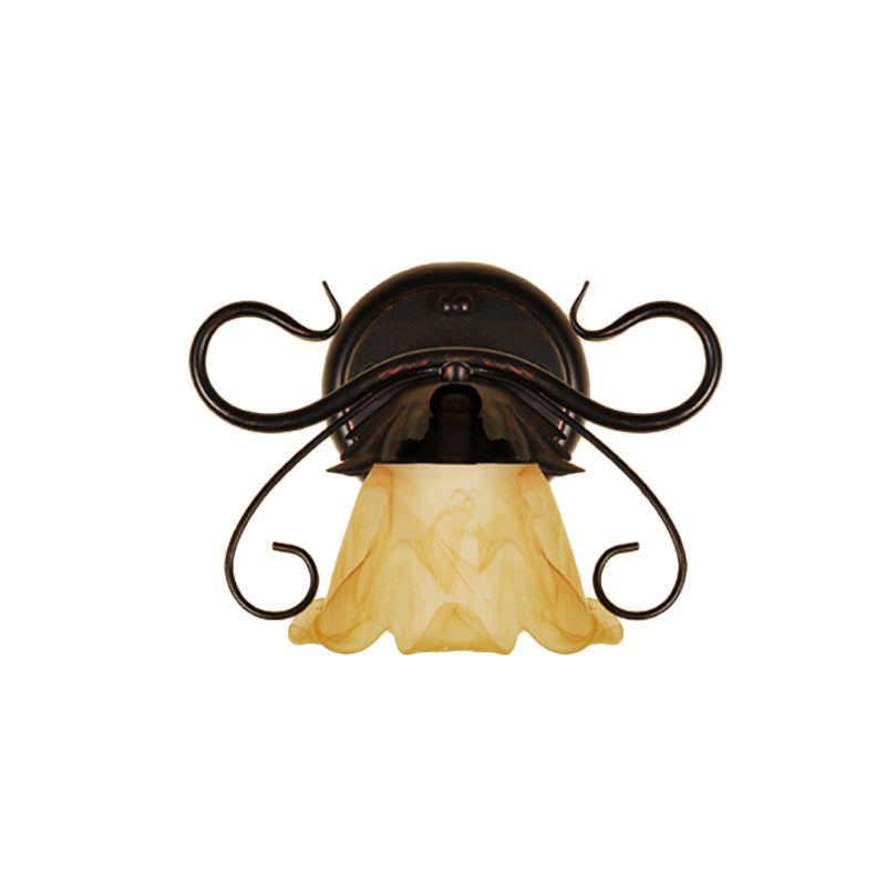 Skørter | Simple floral mini wall lamp Pastoral tan glass wall mount light fixture with curved arm in reddish-brown