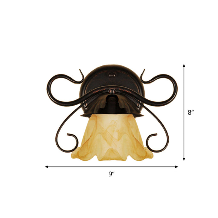 Skørter | Simple floral mini wall lamp Pastoral tan glass wall mount light fixture with curved arm in reddish-brown