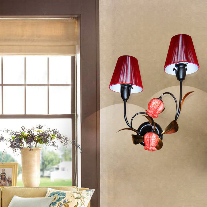 Skørter | Red Cone Wall Lamp Korean Flower Pleated Fabric 4-Head Lounge Wall Light with Flower Bud Shade