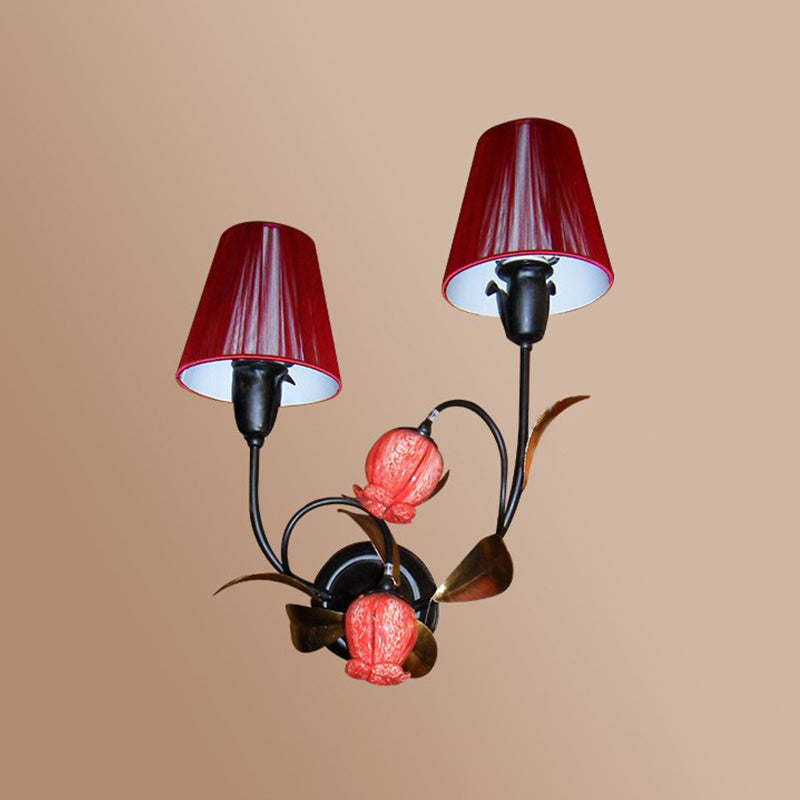 Skørter | Red Cone Wall Lamp Korean Flower Pleated Fabric 4-Head Lounge Wall Light with Flower Bud Shade