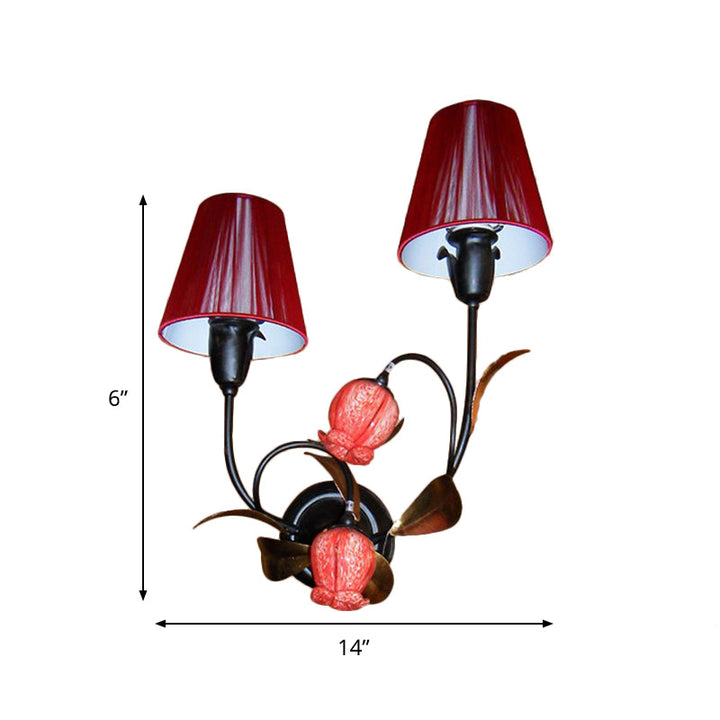 Skørter | Red Cone Wall Lamp Korean Flower Pleated Fabric 4-Head Lounge Wall Light with Flower Bud Shade