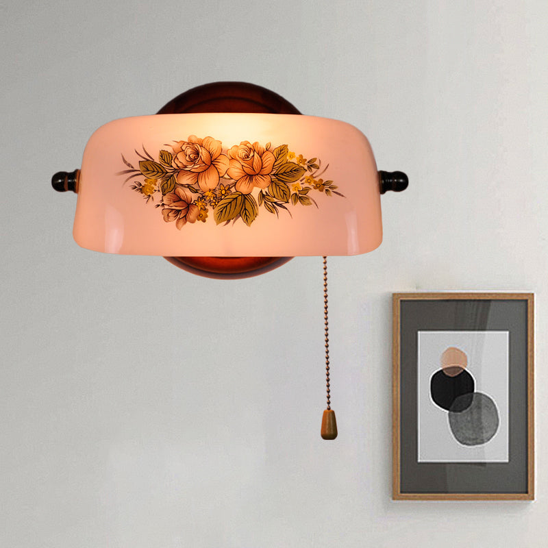 Skørter | 1 head flower pattern shaded wall lamp American garden white glass wall light with pull chain
