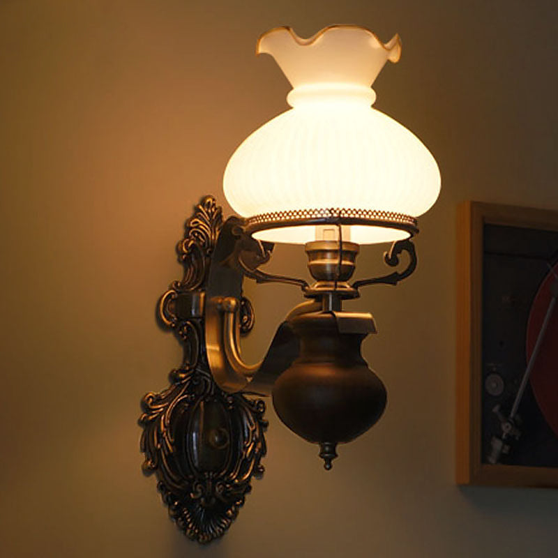 Skørter | Pastoral Handmade Wall Lamp Jug 1/2-Head Opal Glass Rib Design Wall Mount Light in Bronze