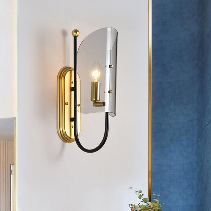 Lisslune | 1-Light Hall Wall Lamp Mid Century Black-Brass Wall Sconce with Curved Smoky Grey Glass Shade