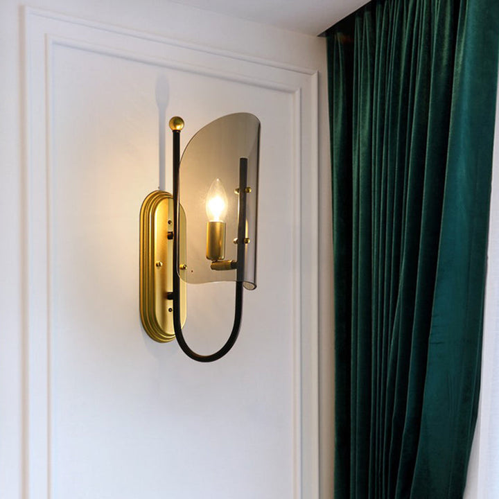Lisslune | 1-Light Hall Wall Lamp Mid Century Black-Brass Wall Sconce with Curved Smoky Grey Glass Shade