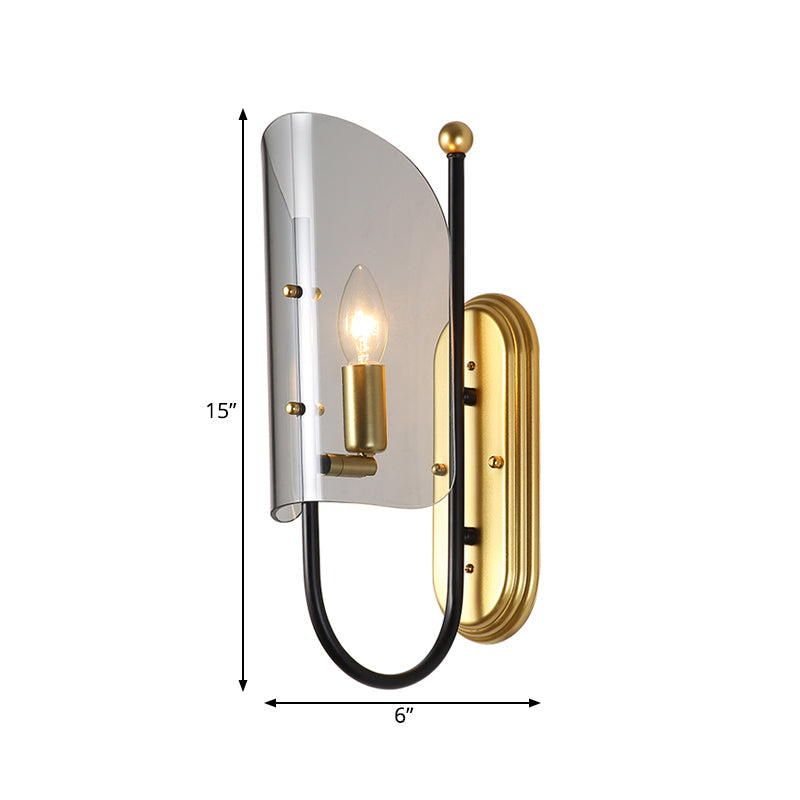 Lisslune | 1-Light Hall Wall Lamp Mid Century Black-Brass Wall Sconce with Curved Smoky Grey Glass Shade