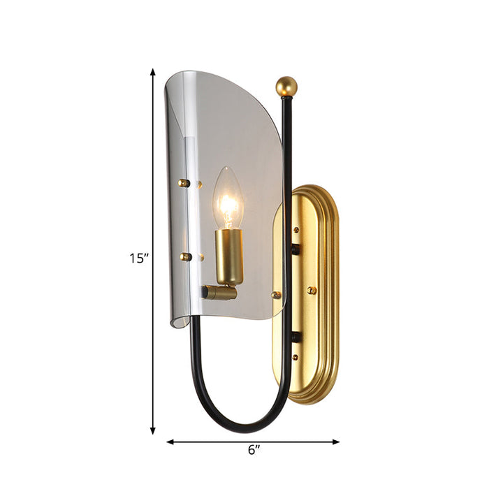 Lisslune | 1-Light Hall Wall Lamp Mid Century Black-Brass Wall Sconce with Curved Smoky Grey Glass Shade