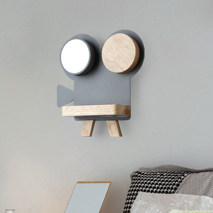 Skørter | Shooting camera wall lamp Nordic iron gray/white wood LED flush wall sconce with shelf function