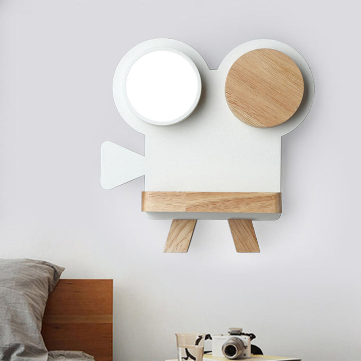 Skørter | Shooting camera wall lamp Nordic iron gray/white wood LED flush wall sconce with shelf function