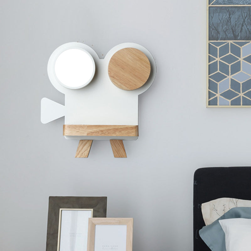 Skørter | Shooting camera wall lamp Nordic iron gray/white wood LED flush wall sconce with shelf function