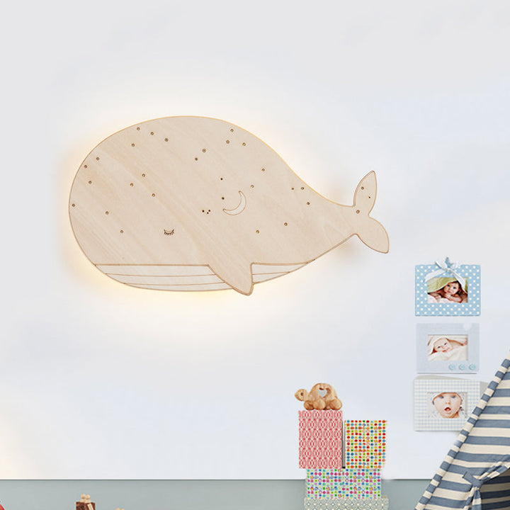Skørter | Beige Slumbering Whale Construction Cartoon Wooden LED Wall Lamp Fixture for Preschool, Left/Right