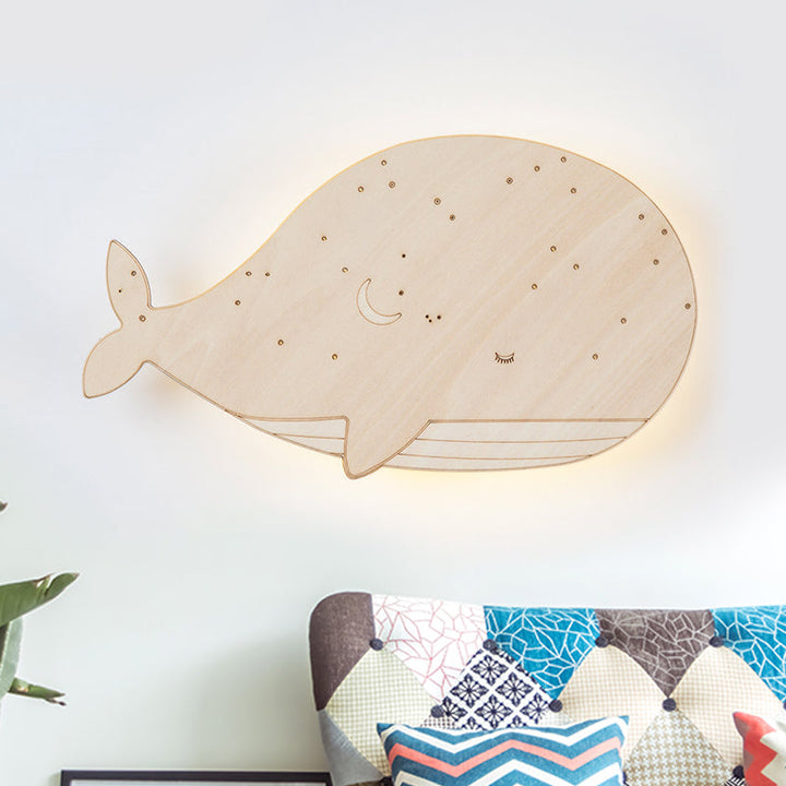Skørter | Beige Slumbering Whale Construction Cartoon Wooden LED Wall Lamp Fixture for Preschool, Left/Right