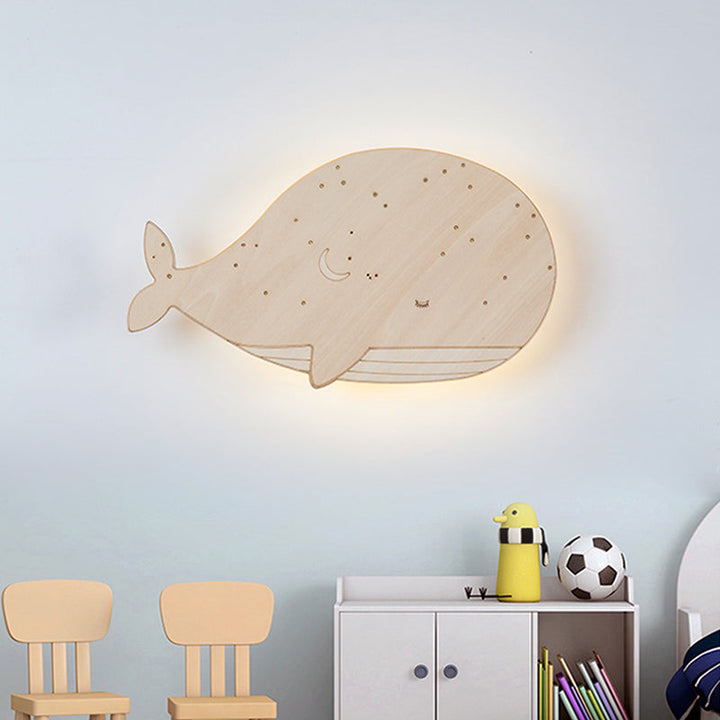 Skørter | Beige Slumbering Whale Construction Cartoon Wooden LED Wall Lamp Fixture for Preschool, Left/Right