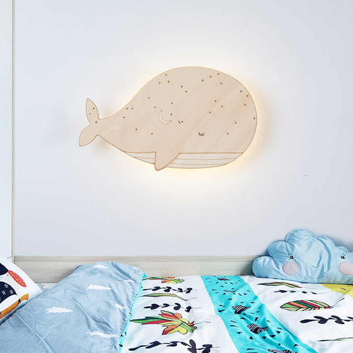Skørter | Beige Slumbering Whale Construction Cartoon Wooden LED Wall Lamp Fixture for Preschool, Left/Right
