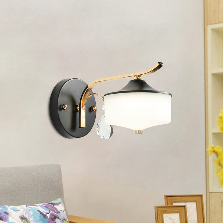 Lisslune | Drum Indoor Wall Lamp Opal Glass 1 Light Postmodern LED Wall Lighting in Black and Gold with Crystal Drops