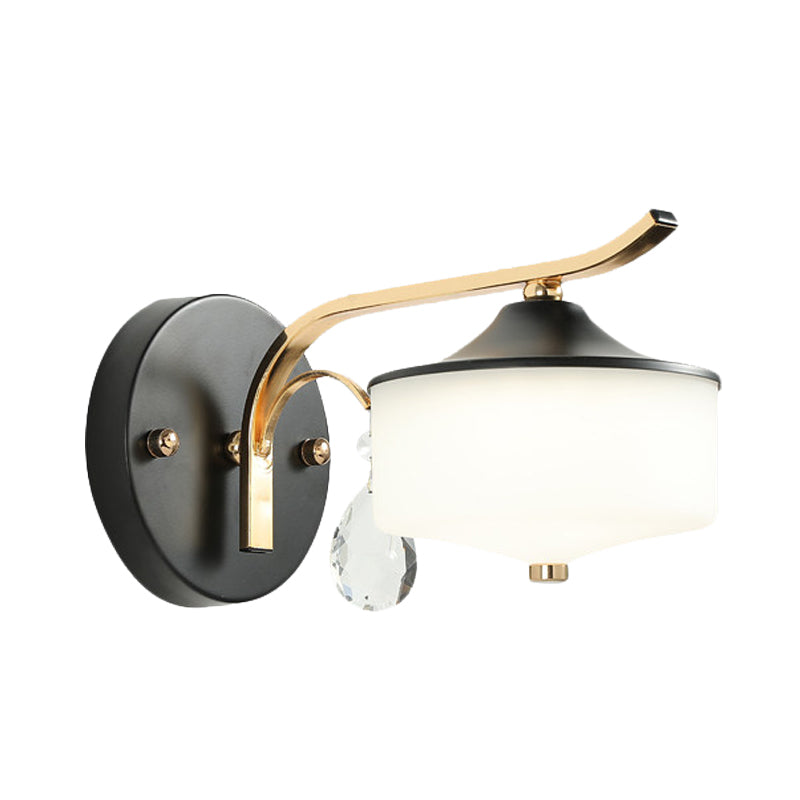 Lisslune | Drum Indoor Wall Lamp Opal Glass 1 Light Postmodern LED Wall Lighting in Black and Gold with Crystal Drops