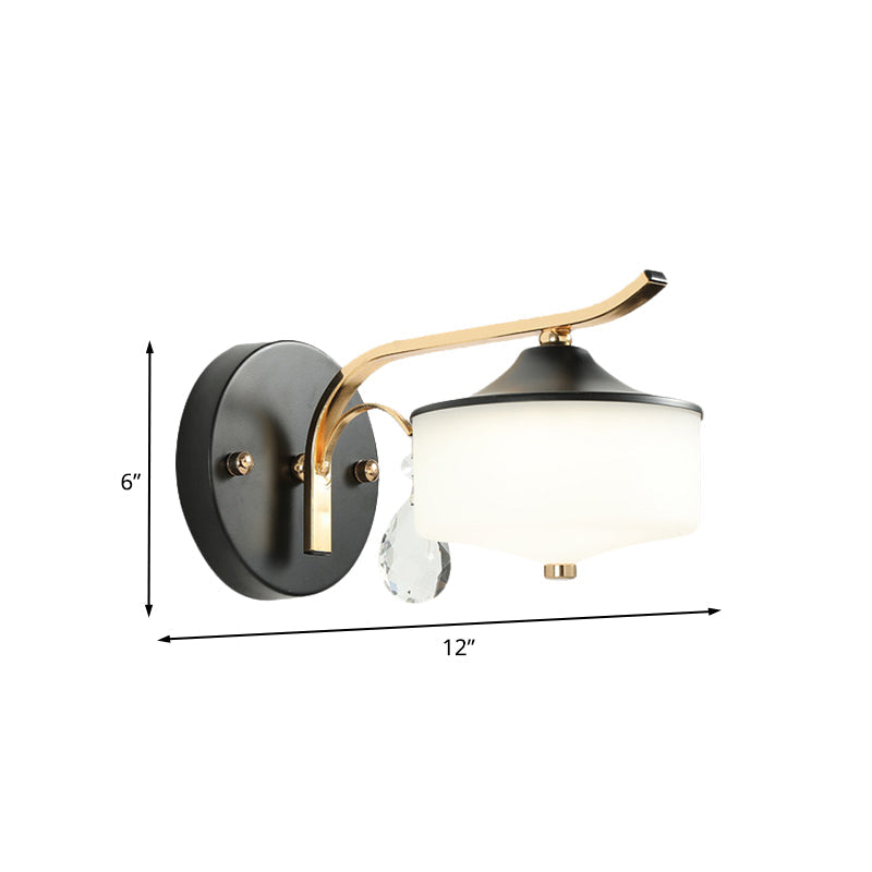 Lisslune | Drum Indoor Wall Lamp Opal Glass 1 Light Postmodern LED Wall Lighting in Black and Gold with Crystal Drops