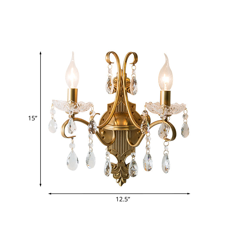 Skørter | 1/2-Light Candle Holder Wall Fixture Antique Gold Iron Wall Lamp with Crystal Drapery