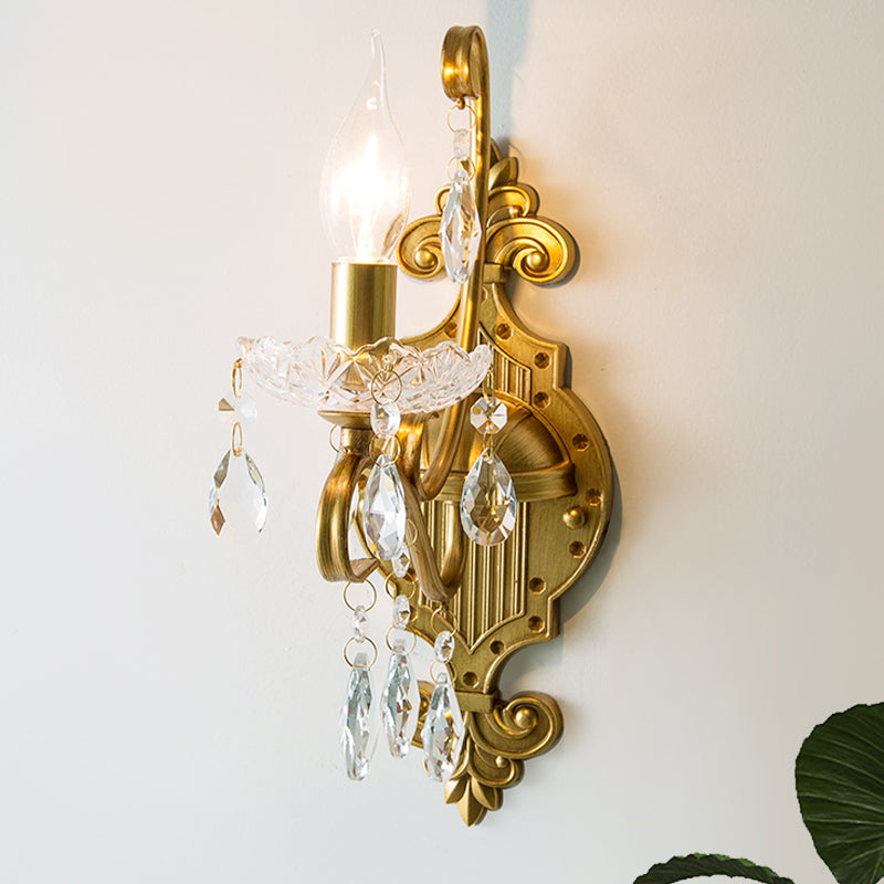 Skørter | 1/2-Light Candle Holder Wall Fixture Antique Gold Iron Wall Lamp with Crystal Drapery