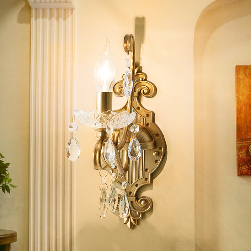 Skørter | 1/2-Light Candle Holder Wall Fixture Antique Gold Iron Wall Lamp with Crystal Drapery