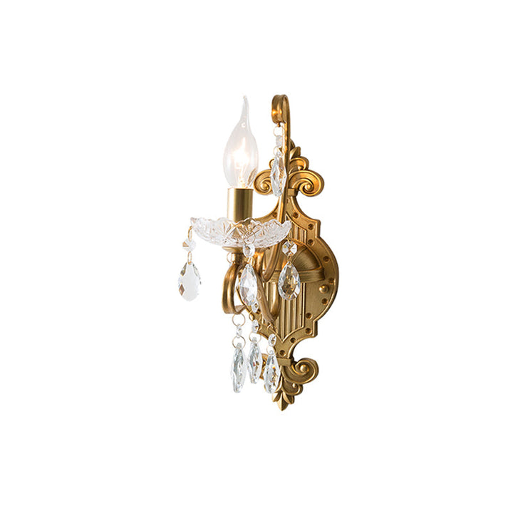 Skørter | 1/2-Light Candle Holder Wall Fixture Antique Gold Iron Wall Lamp with Crystal Drapery