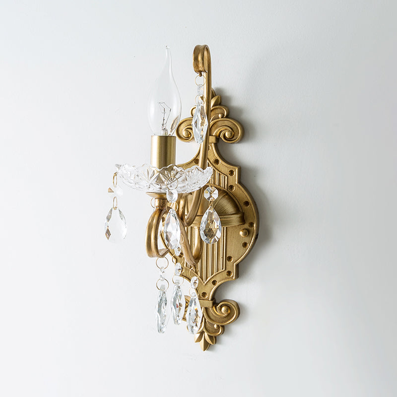Skørter | 1/2-Light Candle Holder Wall Fixture Antique Gold Iron Wall Lamp with Crystal Drapery