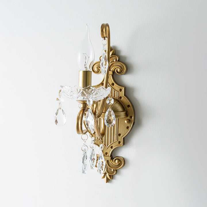Skørter | 1/2-Light Candle Holder Wall Fixture Antique Gold Iron Wall Lamp with Crystal Drapery