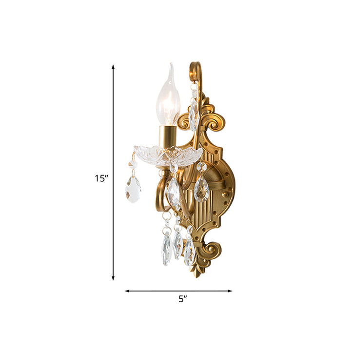 Skørter | 1/2-Light Candle Holder Wall Fixture Antique Gold Iron Wall Lamp with Crystal Drapery