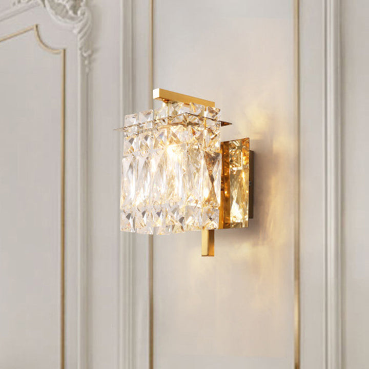 Skørter | Faceted Crystal Rectangular Wall Light Fixture Modernism 1/2-Light Bedroom Wall Lamp in Gold/Chrome