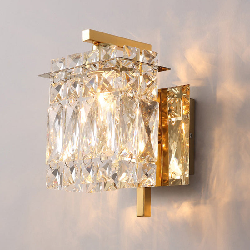 Skørter | Faceted Crystal Rectangular Wall Light Fixture Modernism 1/2-Light Bedroom Wall Lamp in Gold/Chrome
