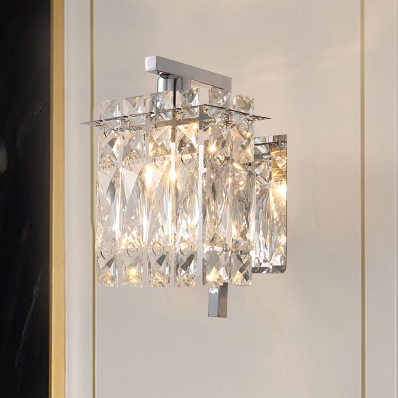Skørter | Faceted Crystal Rectangular Wall Light Fixture Modernism 1/2-Light Bedroom Wall Lamp in Gold/Chrome