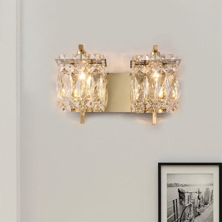 Skørter | Faceted Crystal Rectangular Wall Light Fixture Modernism 1/2-Light Bedroom Wall Lamp in Gold/Chrome