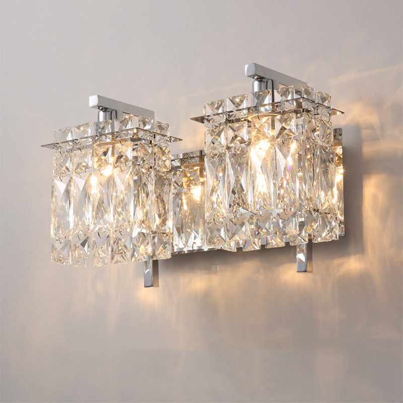 Skørter | Faceted Crystal Rectangular Wall Light Fixture Modernism 1/2-Light Bedroom Wall Lamp in Gold/Chrome