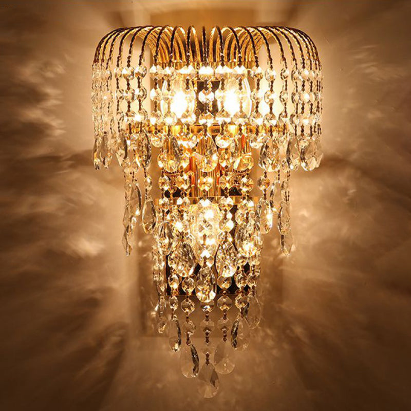 Skørter | Wicker Crystal Drip Wall Lamp Modernist 3 Lights Bedroom Sconces Lighting in Gold