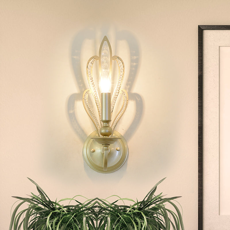 Skørter | Brass Candle Wall Mount Light Fixture Rustic Style Metal 1/2-Head Corridor Wall Lamp with Floral Crystal Accent
