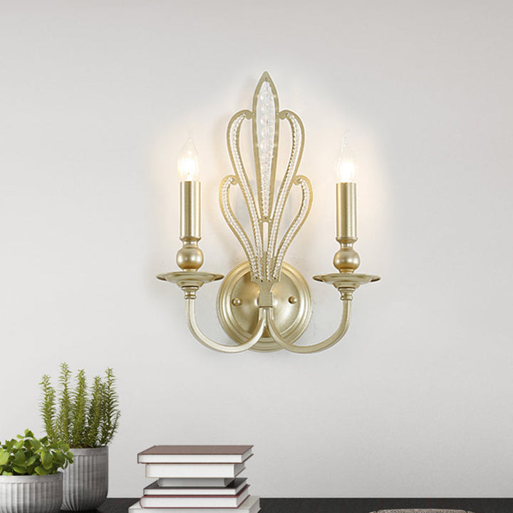Skørter | Brass Candle Wall Mount Light Fixture Rustic Style Metal 1/2-Head Corridor Wall Lamp with Floral Crystal Accent