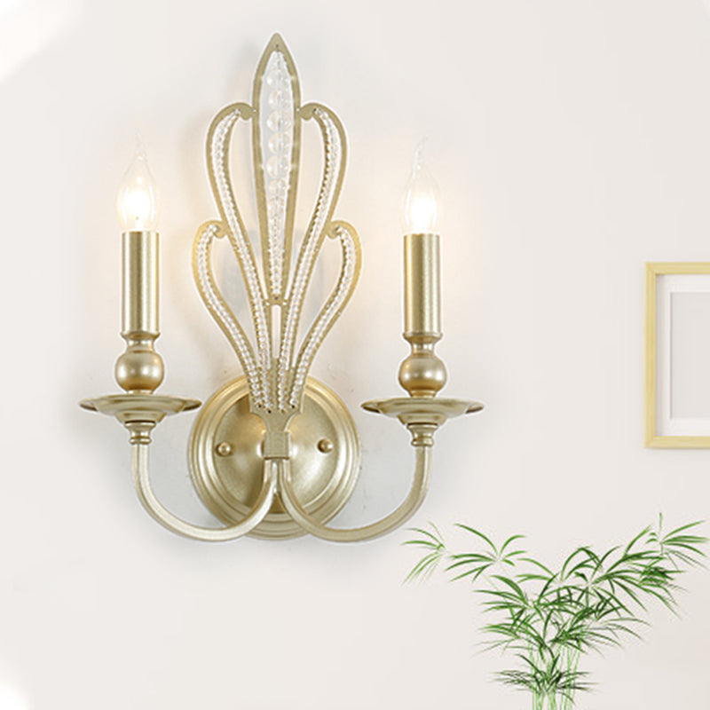 Skørter | Brass Candle Wall Mount Light Fixture Rustic Style Metal 1/2-Head Corridor Wall Lamp with Floral Crystal Accent