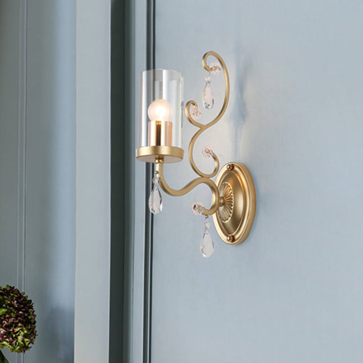 Lisslune | 1/2-Pear Clear Glass Wall Mounted Light Simple Brass Finish Cylinder Wall Lighting Ideas with Crystal Accent