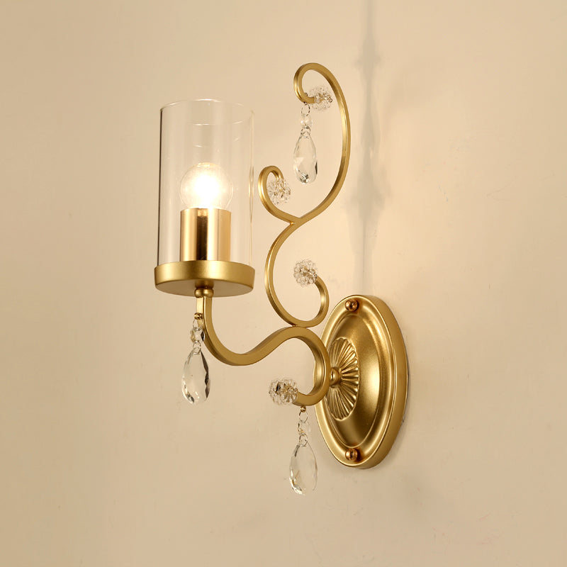 Lisslune | 1/2-Pear Clear Glass Wall Mounted Light Simple Brass Finish Cylinder Wall Lighting Ideas with Crystal Accent