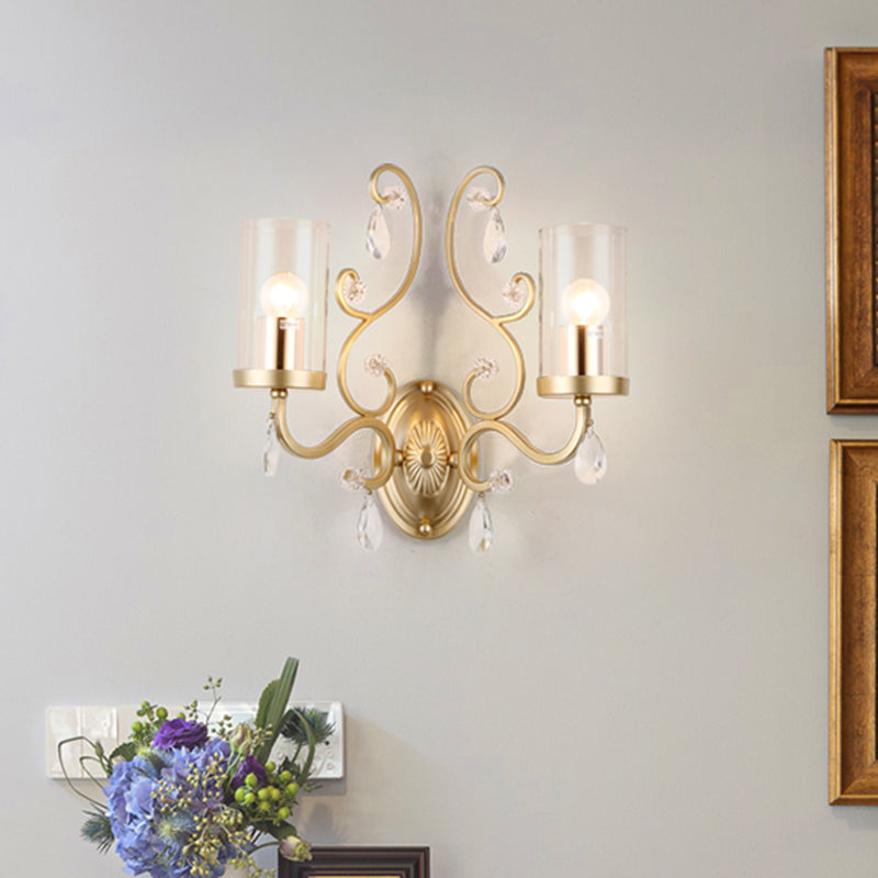 Lisslune | 1/2-Pear Clear Glass Wall Mounted Light Simple Brass Finish Cylinder Wall Lighting Ideas with Crystal Accent