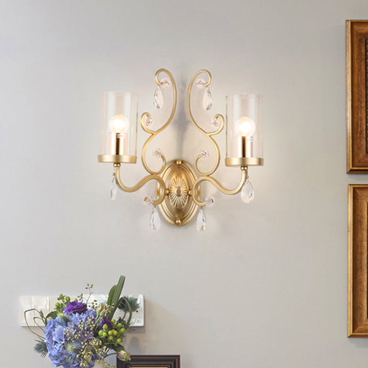 Lisslune | 1/2-Pear Clear Glass Wall Mounted Light Simple Brass Finish Cylinder Wall Lighting Ideas with Crystal Accent