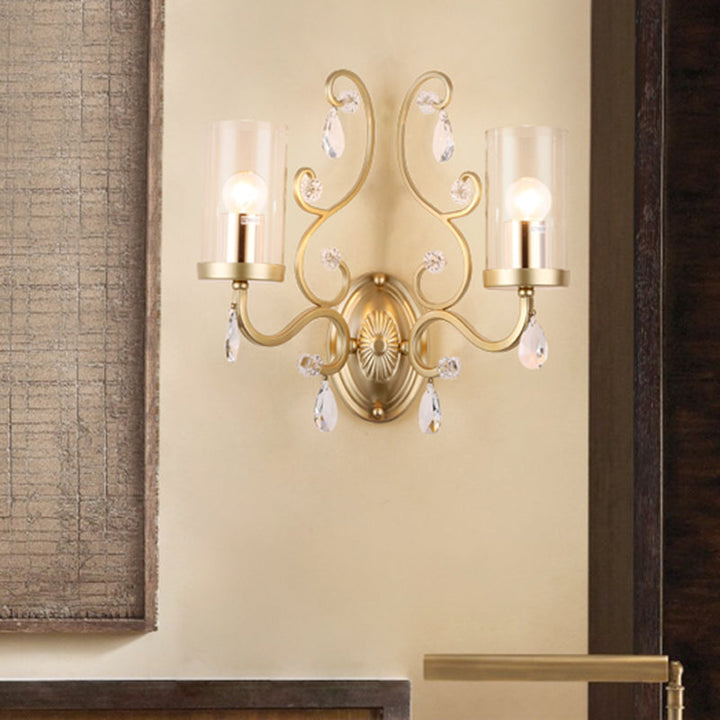 Lisslune | 1/2-Pear Clear Glass Wall Mounted Light Simple Brass Finish Cylinder Wall Lighting Ideas with Crystal Accent