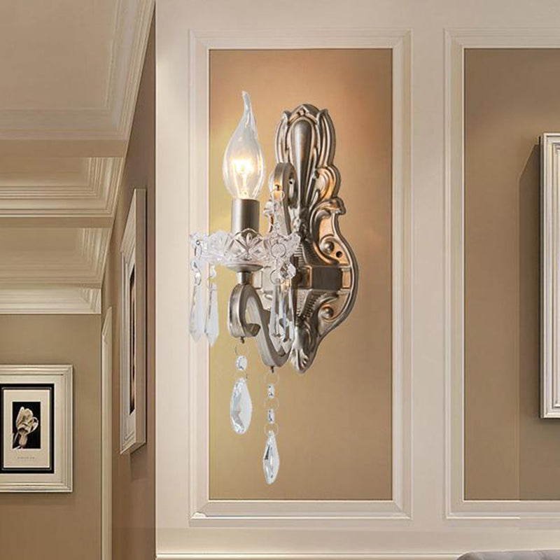 Skørter | Swirl Arm Living Room Wall Light Retro Style Metal 1/2-Light Silver Finish Wall Lamp with Crystal Drops
