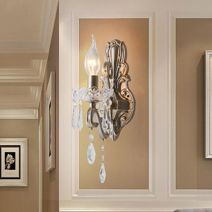 Skørter | Swirl Arm Living Room Wall Light Retro Style Metal 1/2-Light Silver Finish Wall Lamp with Crystal Drops