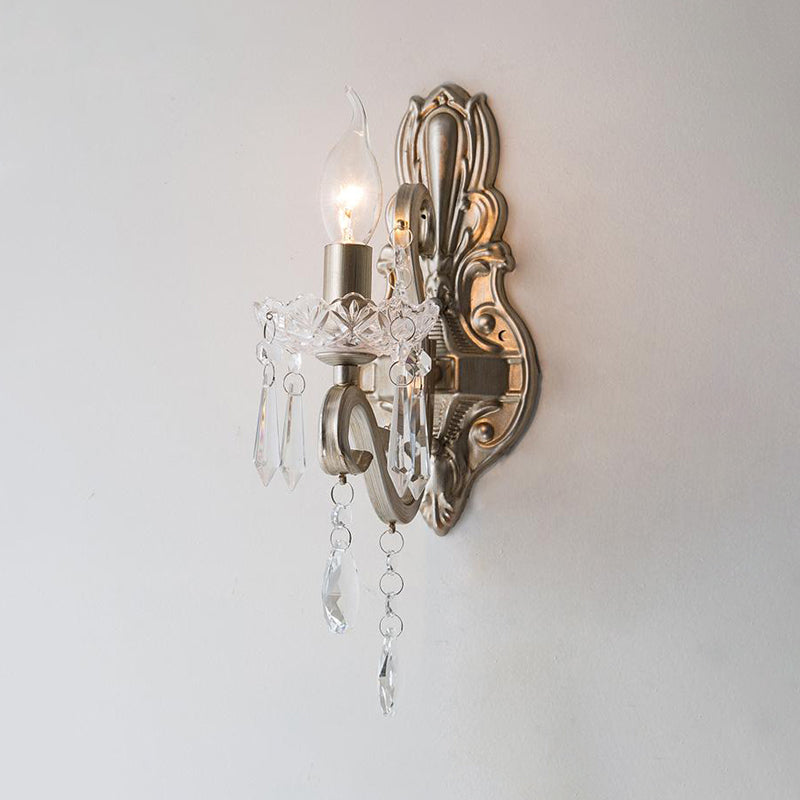 Skørter | Swirl Arm Living Room Wall Light Retro Style Metal 1/2-Light Silver Finish Wall Lamp with Crystal Drops