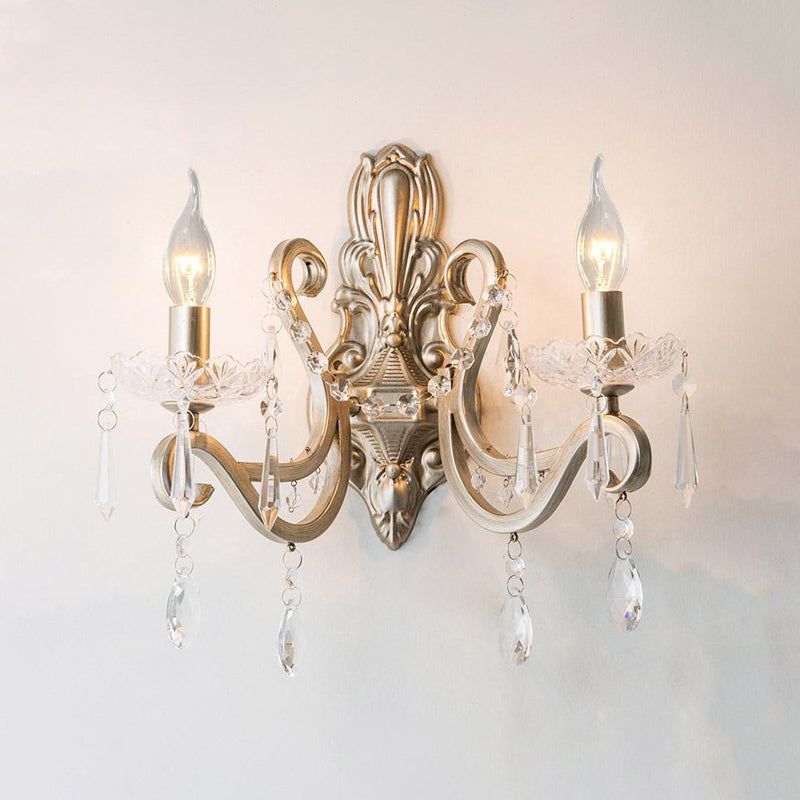 Skørter | Swirl Arm Living Room Wall Light Retro Style Metal 1/2-Light Silver Finish Wall Lamp with Crystal Drops