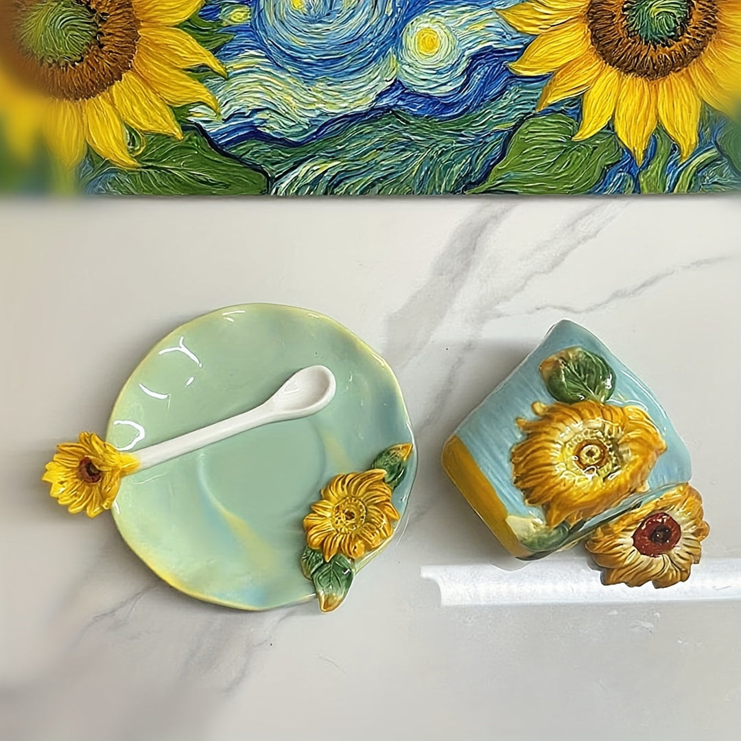 Lisslune | ArtSip Ceramic Cup & Saucer Set – Hand-painted 3D Design inspired by Van Gogh