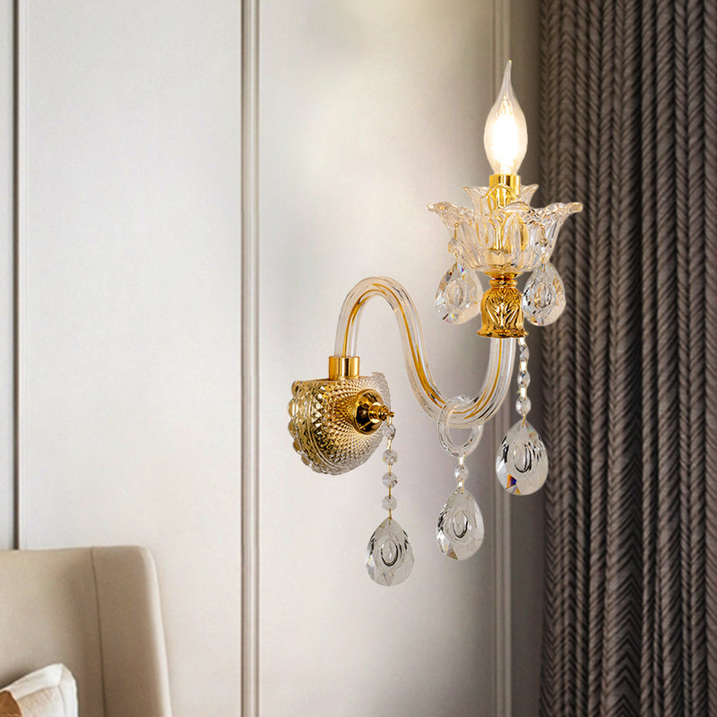 Lisslune | 1/2-Bulb Clear Glass Coated Wall Light Vintage Gold Candle Style Lounge Wall Light with Curved Arm