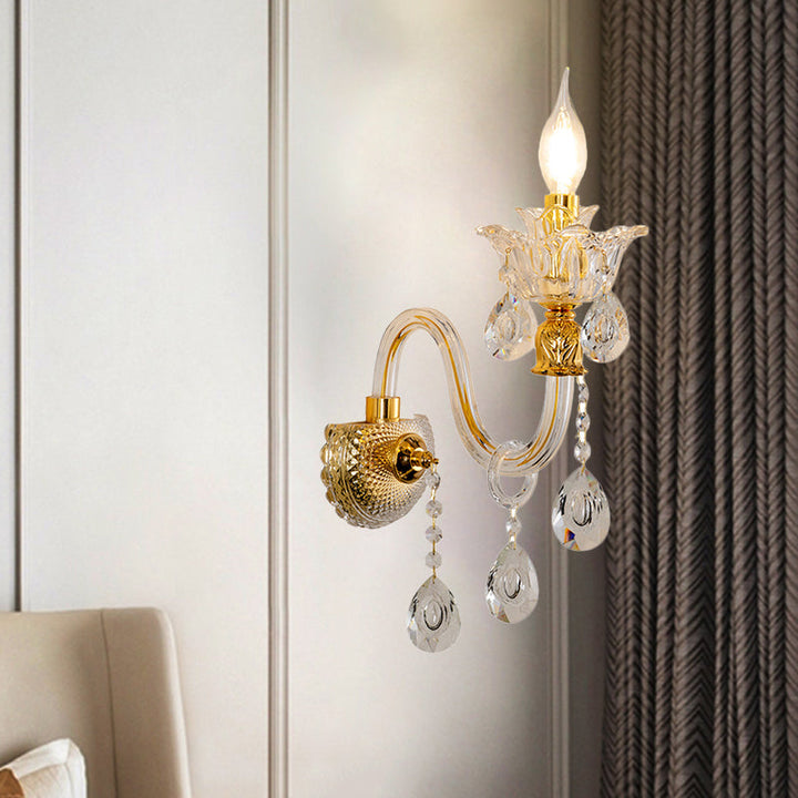 Lisslune | 1/2-Bulb Clear Glass Coated Wall Light Vintage Gold Candle Style Lounge Wall Light with Curved Arm
